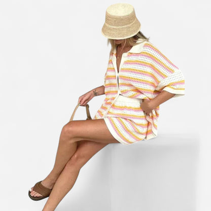 Ensemble en Tricot Rayé - Haut Boutonné & Short d'Été Casual