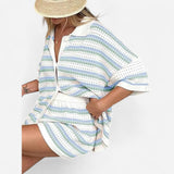 Ensemble en Tricot Rayé - Haut Boutonné & Short d'Été Casual