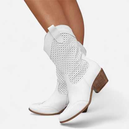 Bottes Western Perforées en Suède - Talon Bloc Chic Décontracté