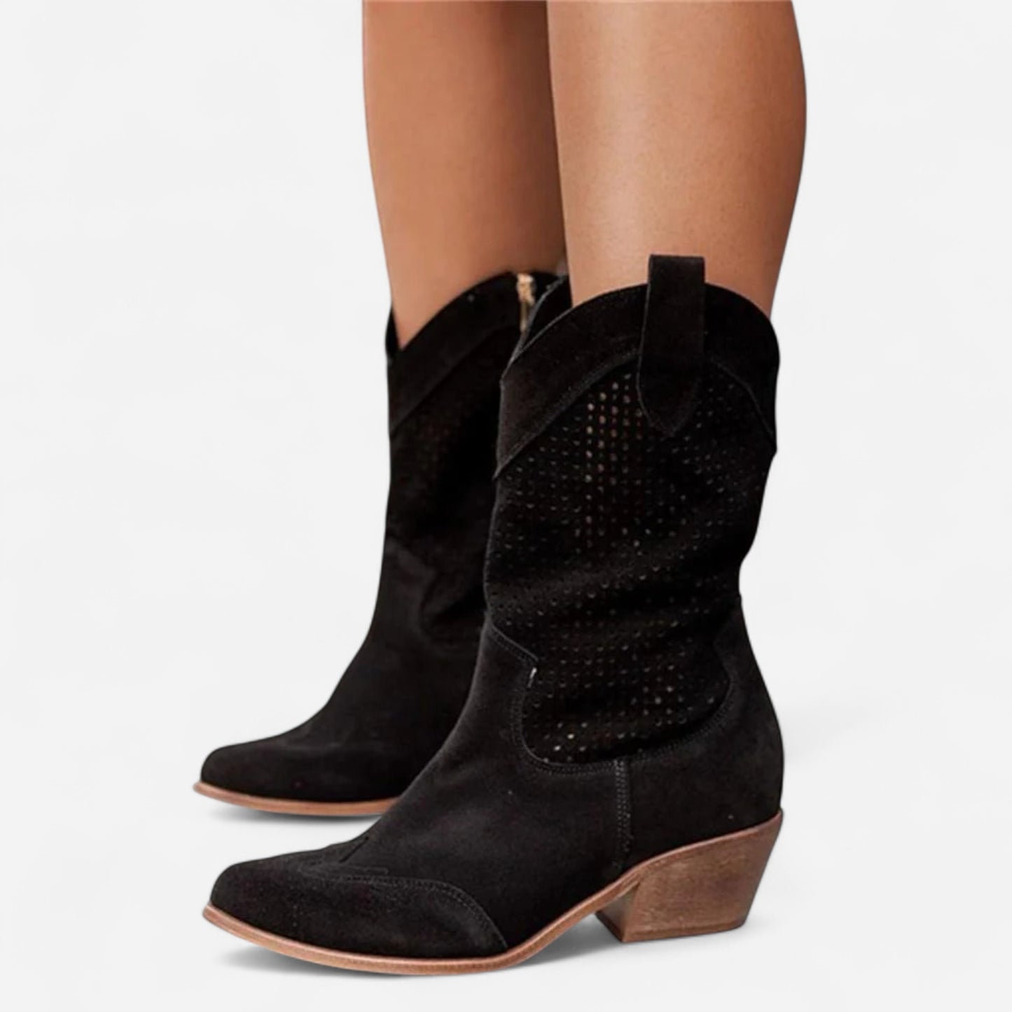 Bottes Western Perforées en Suède - Talon Bloc Chic Décontracté