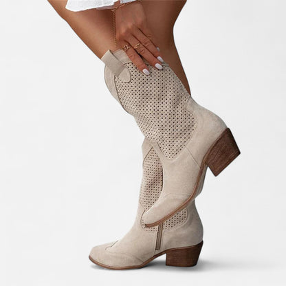 Bottes Western Perforées en Suède - Talon Bloc Chic Décontracté
