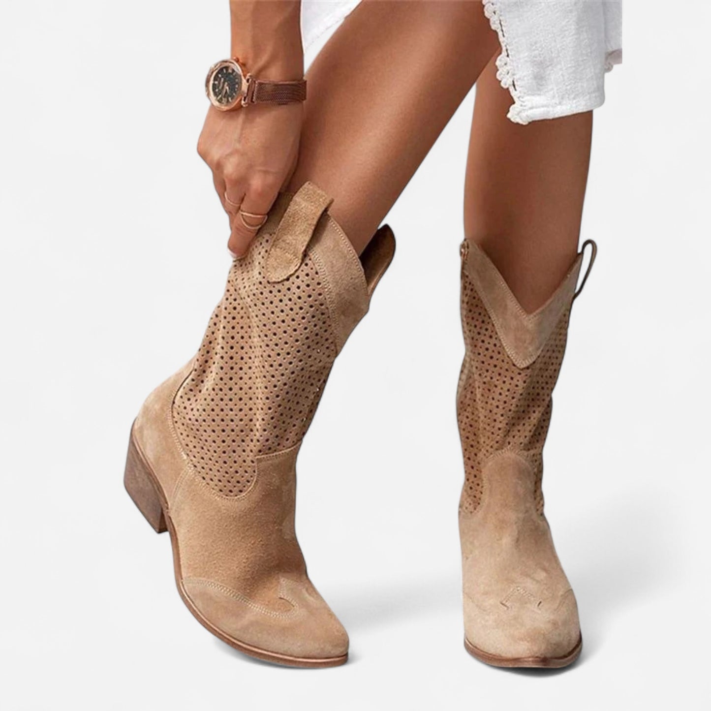 Bottes Western Perforées en Suède - Talon Bloc Chic Décontracté