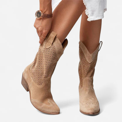Bottes Western Perforées en Suède - Talon Bloc Chic Décontracté