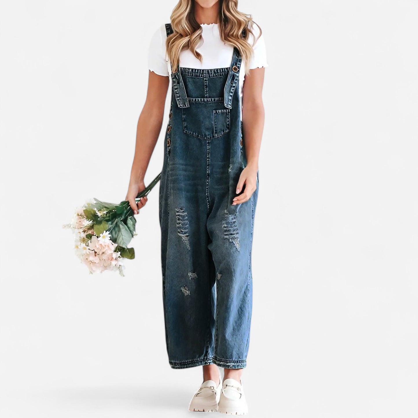 Salopette en Denim Distressé - Coupe Lâche avec Ourlet Reversé