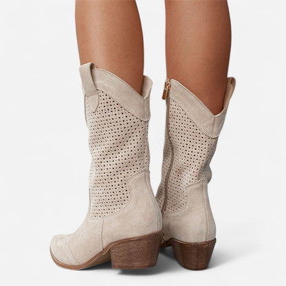 Bottes Western Perforées en Suède - Talon Bloc Chic Décontracté