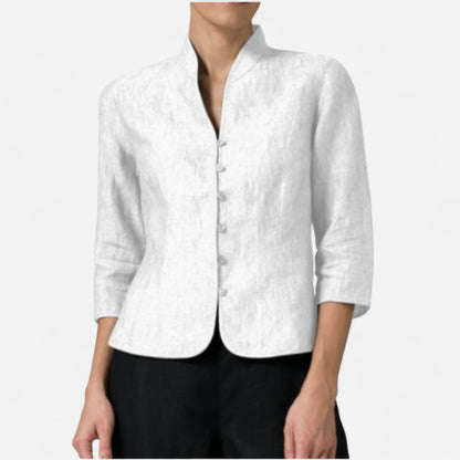 Blouse en Lin Mélangé à Col Mandarin - Manches 3/4 Ajustée