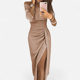 Robe Midi Élégante Froncée - Fente Haute, Tricot Élastique, Chic Soirée
