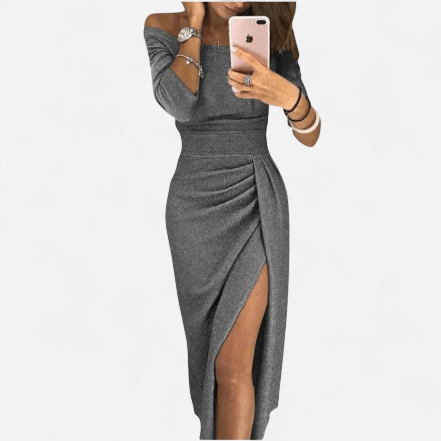 Robe Midi Élégante Froncée - Fente Haute, Tricot Élastique, Chic Soirée
