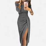 Robe Midi Élégante Froncée - Fente Haute, Tricot Élastique, Chic Soirée