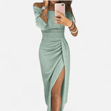 Robe Midi Élégante Froncée - Fente Haute, Tricot Élastique, Chic Soirée
