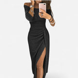 Robe Midi Élégante Froncée - Fente Haute, Tricot Élastique, Chic Soirée