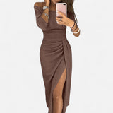 Robe Midi Élégante Froncée - Fente Haute, Tricot Élastique, Chic Soirée