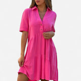 Vionelle - Robe décontractée en coton et lin, manches courtes pour femme