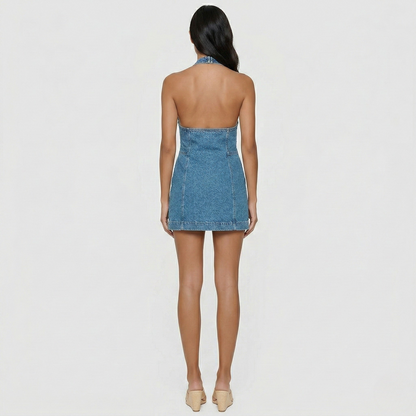 Robe en denim mini poura femme, décolleté halter et découpe avant