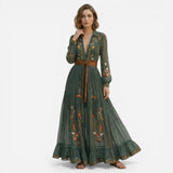 Robe maxi A-line pour femmes avec ceinture et broderie élégante