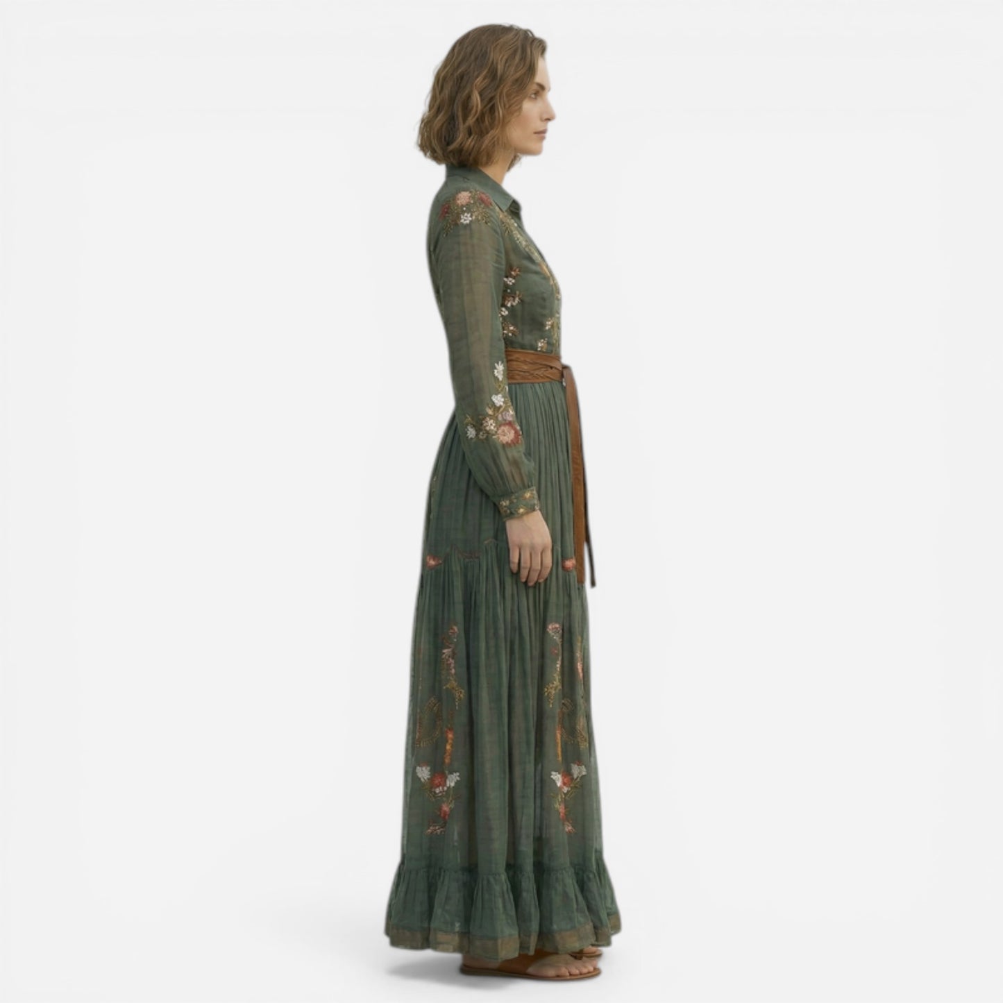 Robe maxi A-line pour femmes avec ceinture et broderie élégante
