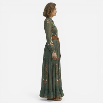 Robe maxi A-line pour femmes avec ceinture et broderie élégante