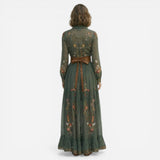 Robe maxi A-line pour femmes avec ceinture et broderie élégante