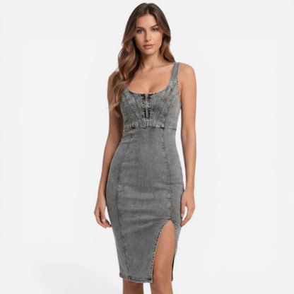 Robe midi en denim ajustée pour femme avec fente et zip avant