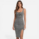 Robe midi en denim ajustée pour femme avec fente et zip avant