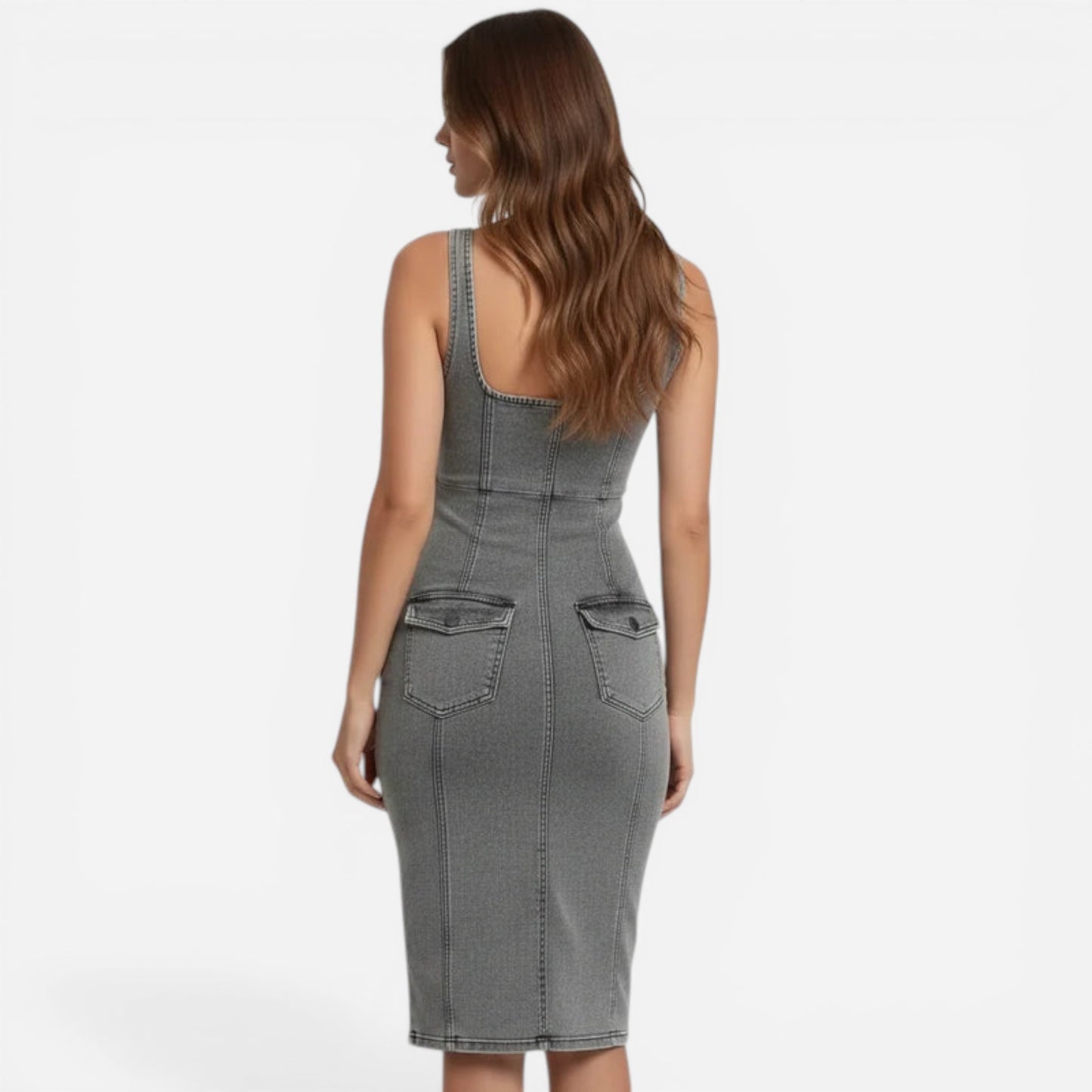 Robe midi en denim ajustée pour femme avec fente et zip avant