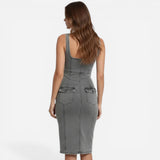Robe midi en denim ajustée pour femme avec fente et zip avant