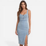 Robe midi en denim ajustée pour femme avec fente et zip avant