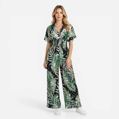 Combinaison longue femme à imprimé feuilles, décolleté V, été décontracté