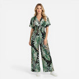 Combinaison longue femme à imprimé feuilles, décolleté V, été décontracté