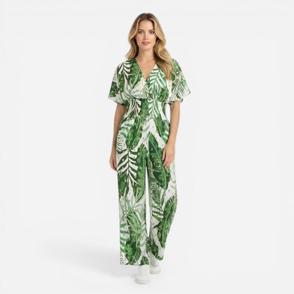 Combinaison longue femme à imprimé feuilles, décolleté V, été décontracté
