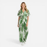 Combinaison longue femme à imprimé feuilles, décolleté V, été décontracté