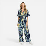 Combinaison longue femme à imprimé feuilles, décolleté V, été décontracté
