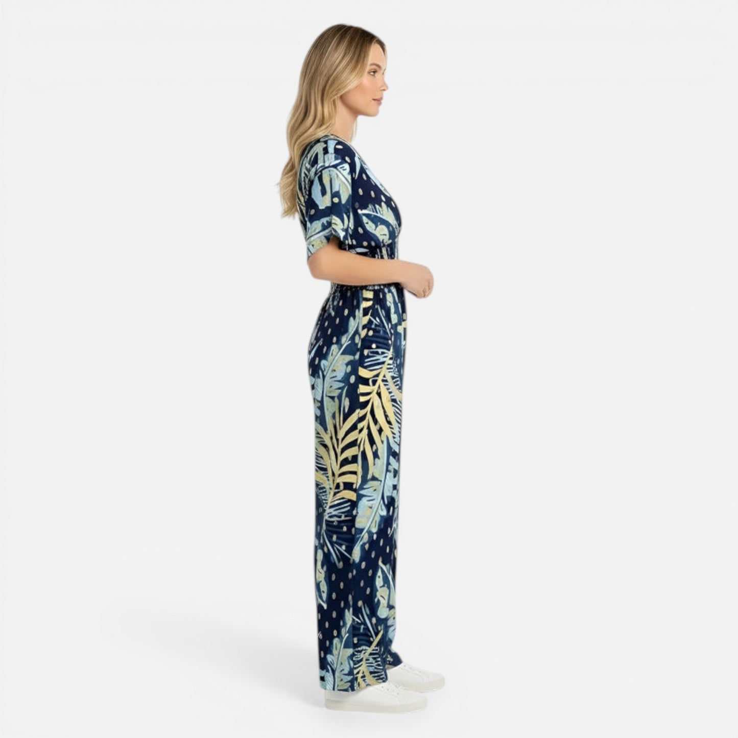 Combinaison longue femme à imprimé feuilles, décolleté V, été décontracté