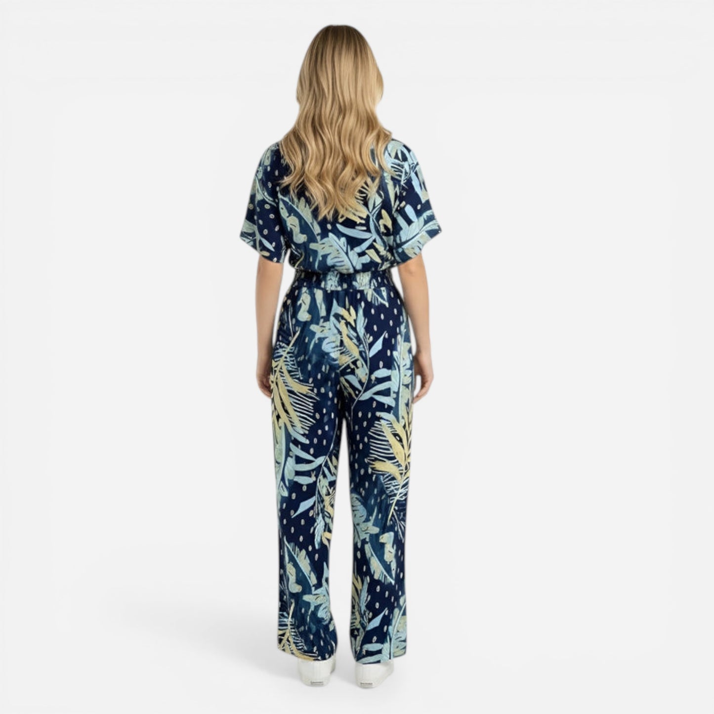 Combinaison longue femme à imprimé feuilles, décolleté V, été décontracté