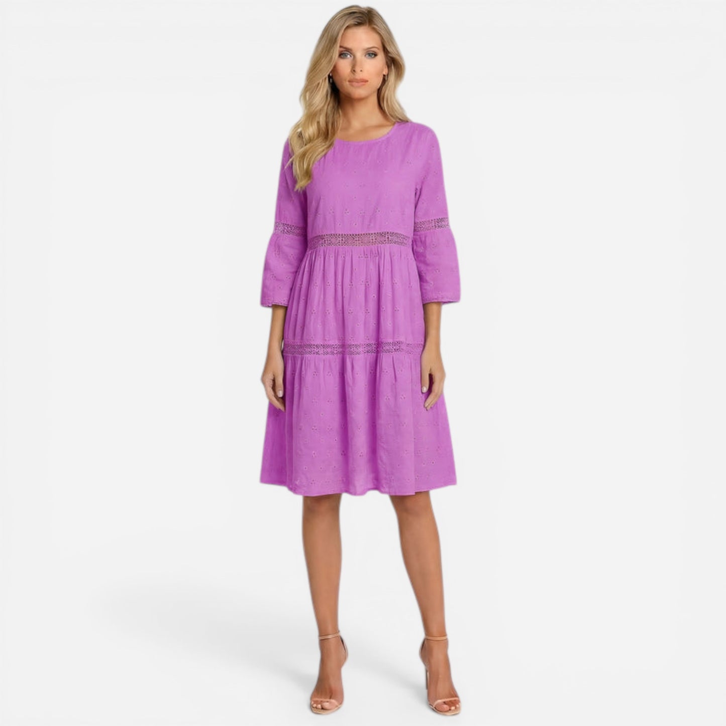 Robe midi en coton pour femme, broderie sangallo, élégante été
