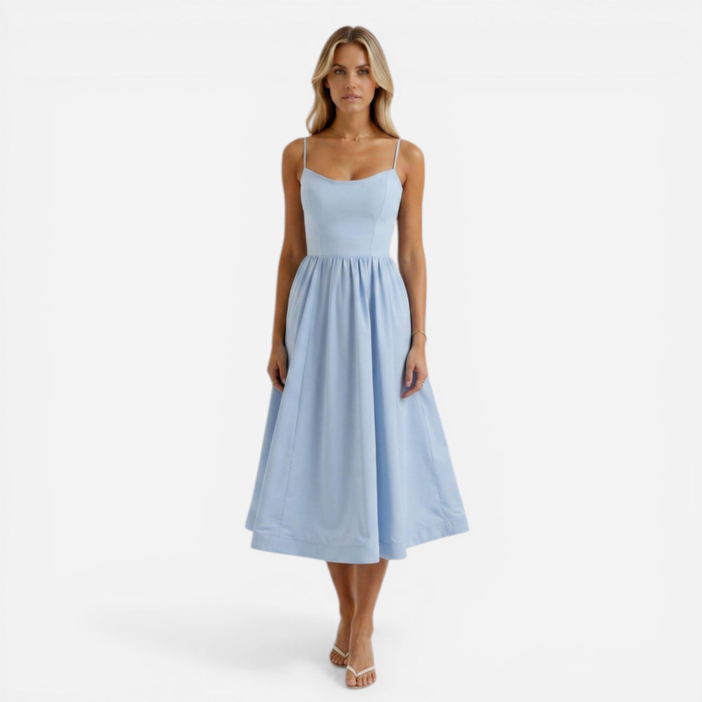 Robe midi élégante pour femmes, bretelles fines et jupe fluide