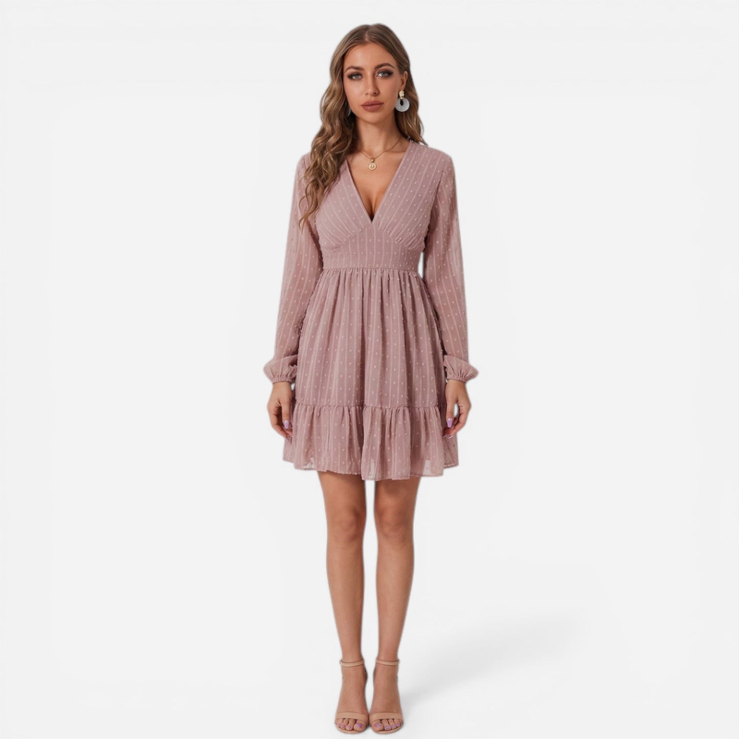 Robe courte femme élégante en chiffon à décolleté en V et manches longues
