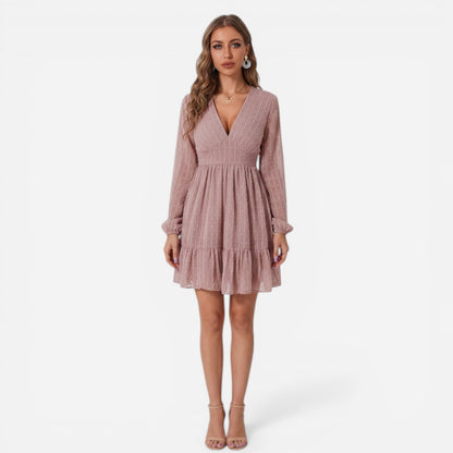 Robe courte femme élégante en chiffon à décolleté en V et manches longues