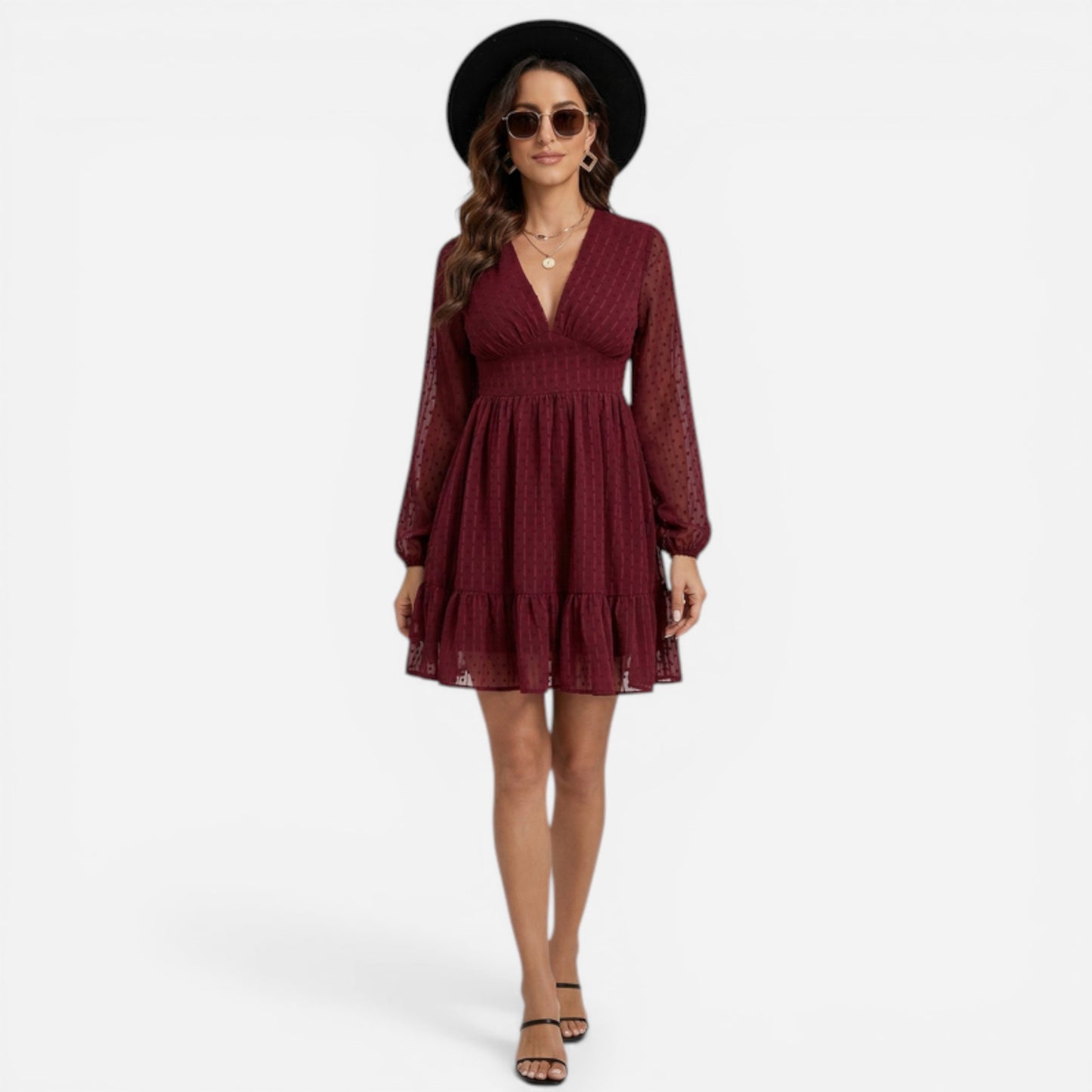 Robe courte femme élégante en chiffon à décolleté en V et manches longues