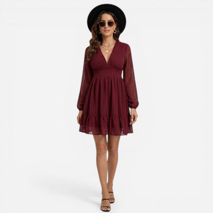 Robe courte femme élégante en chiffon à décolleté en V et manches longues