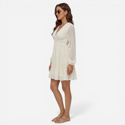 Robe courte femme élégante en chiffon à décolleté en V et manches longues