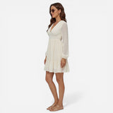 Robe courte femme élégante en chiffon à décolleté en V et manches longues