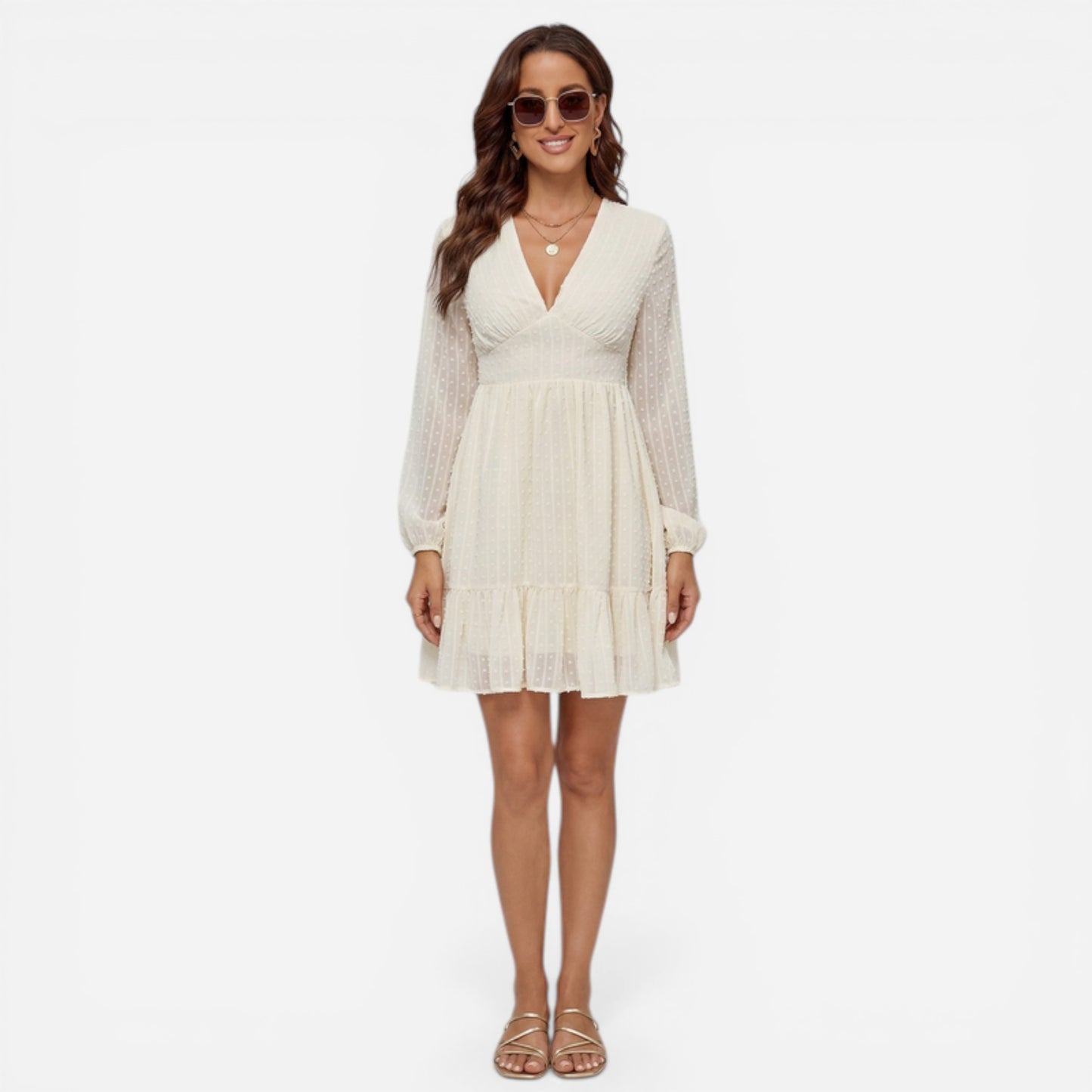 Robe courte femme élégante en chiffon à décolleté en V et manches longues