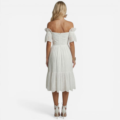 Robe Midi Femme en Coton Sangallo Élegante et Off-Shoulder d'Été