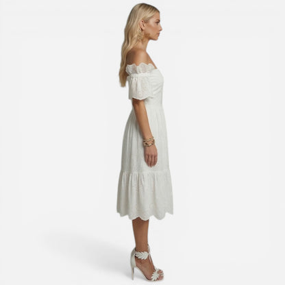 Robe Midi Femme en Coton Sangallo Élegante et Off-Shoulder d'Été