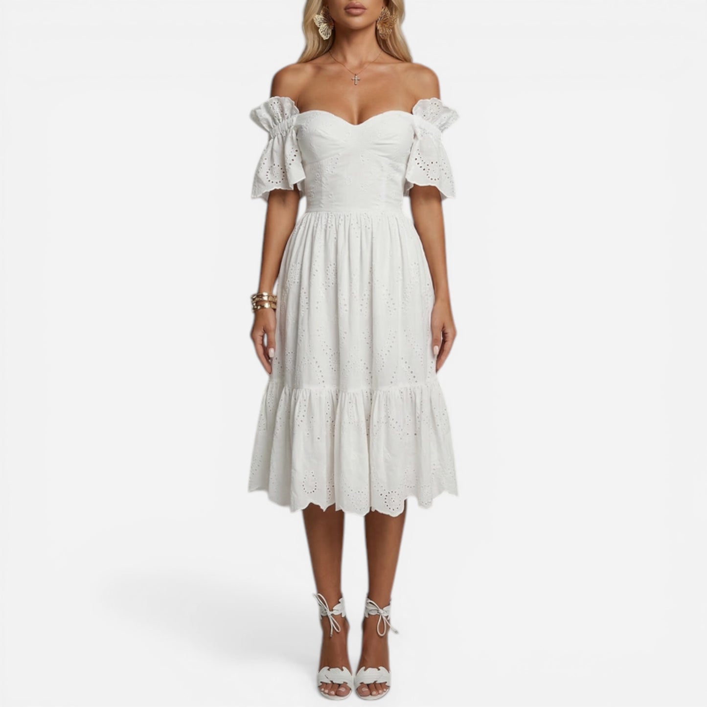 Robe Midi Femme en Coton Sangallo Élegante et Off-Shoulder d'Été