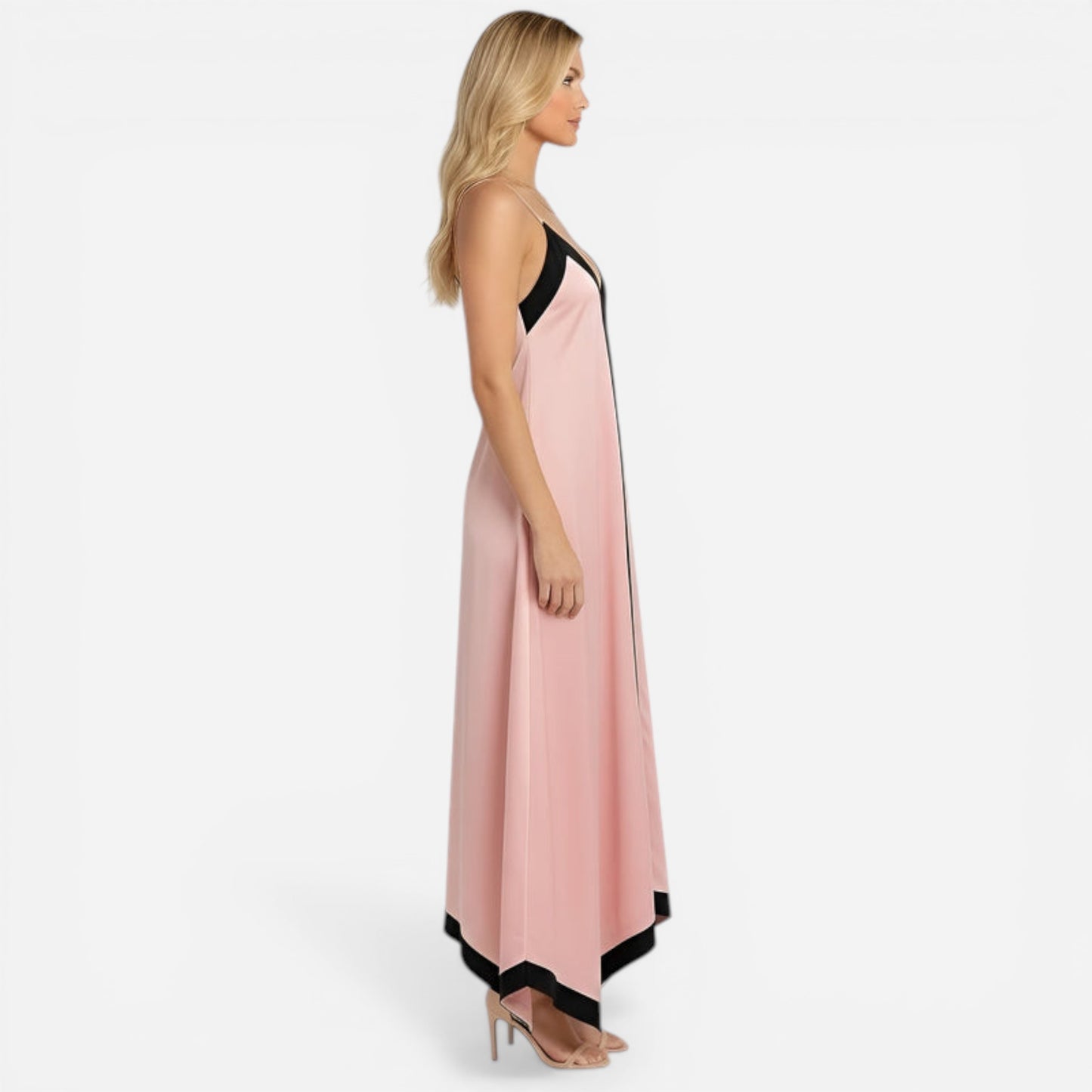 Robe Maxi V Décolleté Flottante avec Détails Contrastants - Adeltraud