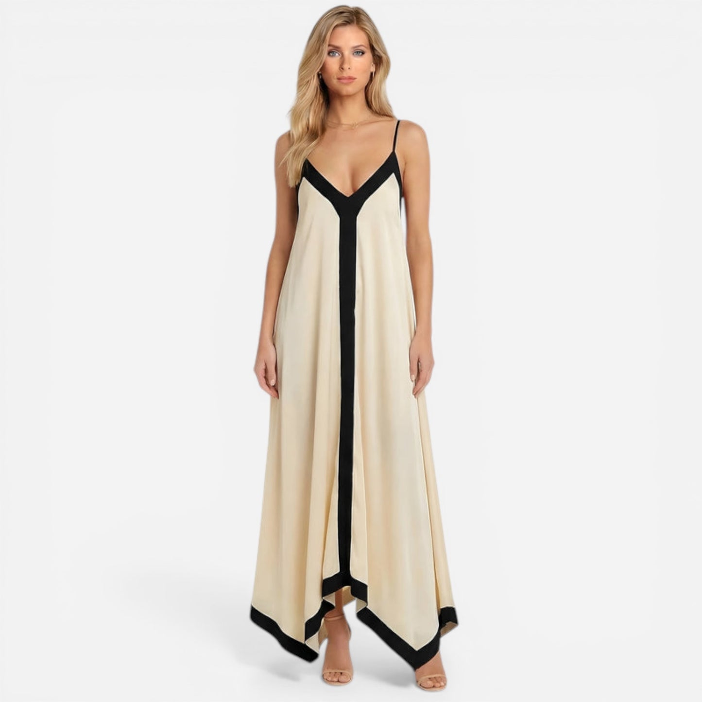 Robe Maxi V Décolleté Flottante avec Détails Contrastants - Adeltraud