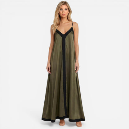 Robe Maxi V Décolleté Flottante avec Détails Contrastants - Adeltraud