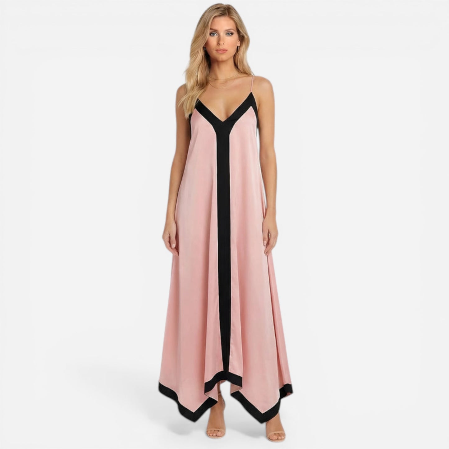 Robe Maxi V Décolleté Flottante avec Détails Contrastants - Adeltraud